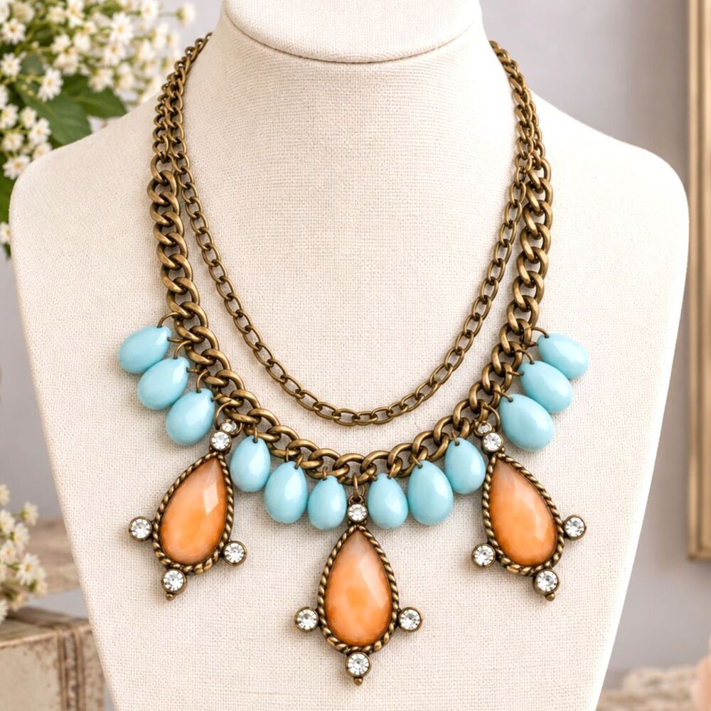 Brass Tone Beaded Charm Multi Strand Chain Necklace